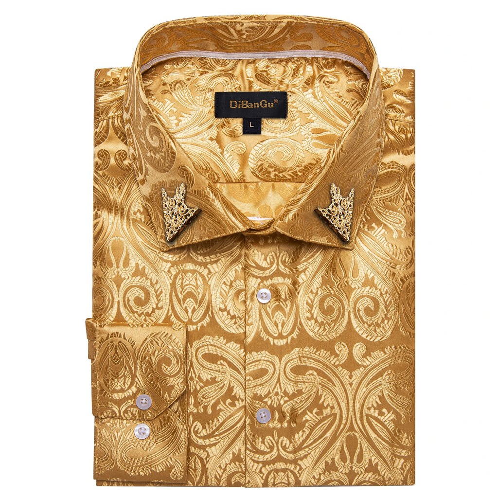 Men's patterned brocade shirt with gold crown collar accents, ideal for luxury galas and formal weddings, by Showlu Fashion.