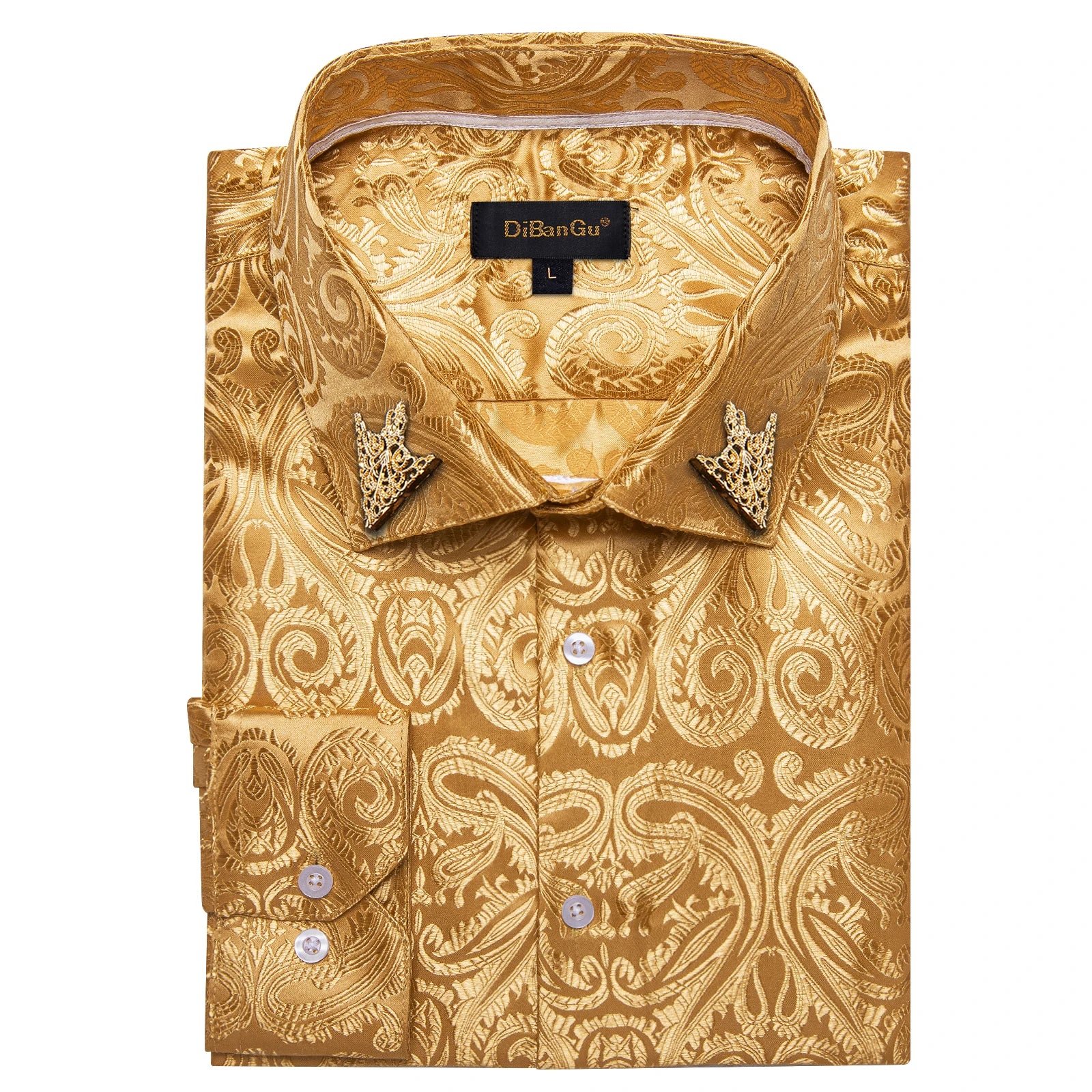 Men's patterned brocade shirt with gold crown collar accents, ideal for luxury galas and formal weddings, by Showlu Fashion.