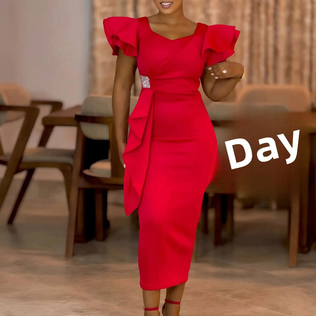 Elegant African-style wrap dress with lace trim, showcasing vibrant pure color and fashionable design by Showlu Fashion.