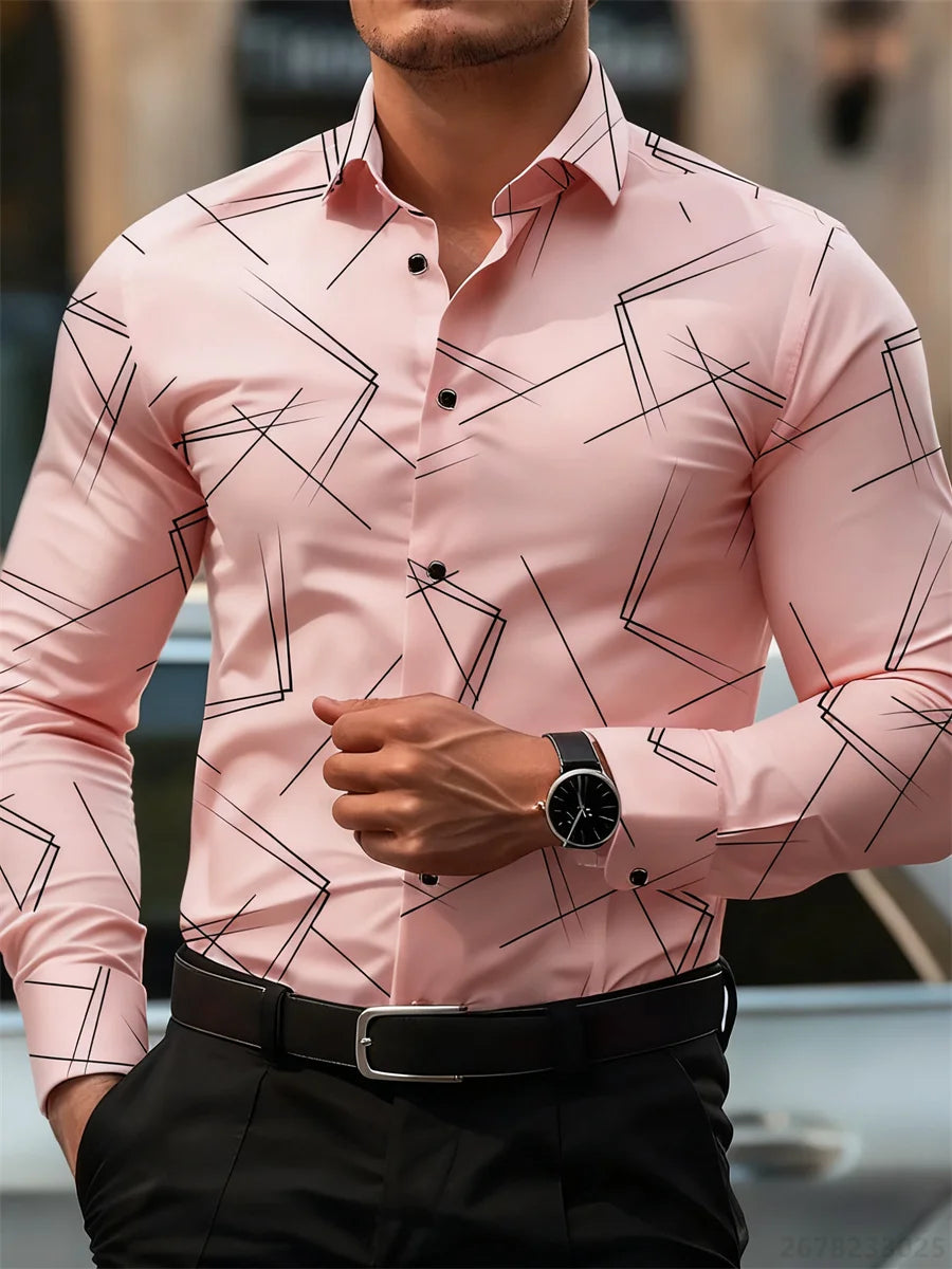 Men's slim fit long-sleeved shirt with geometric line print, casual business style, non-iron, versatile fashion design from Showlu Fashion Store.