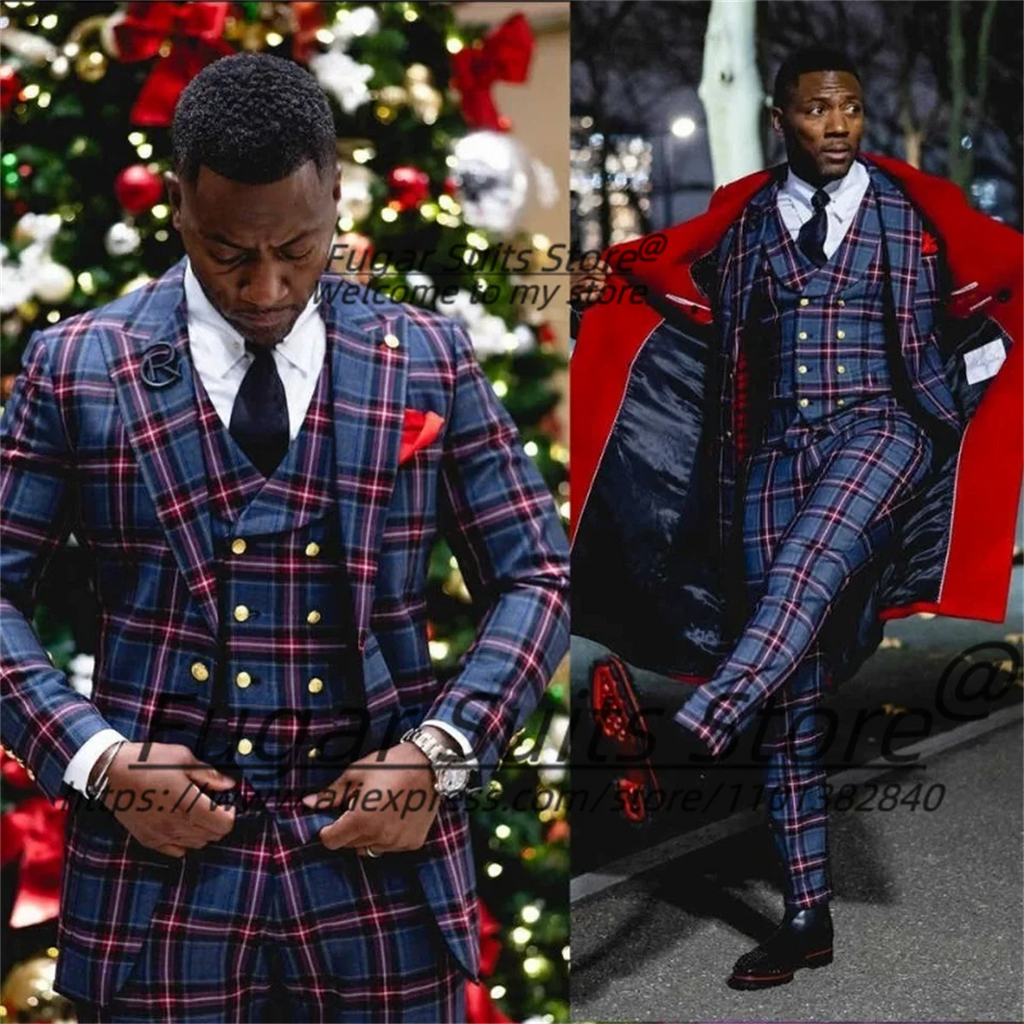 Customized French style plaid men's slim fit blazer with peak lapel, suited for parties, business events, and formal occasions.
