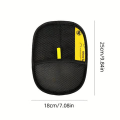 A black pet hair removal glove with a yellow accent label, measuring 25cm by 18cm.