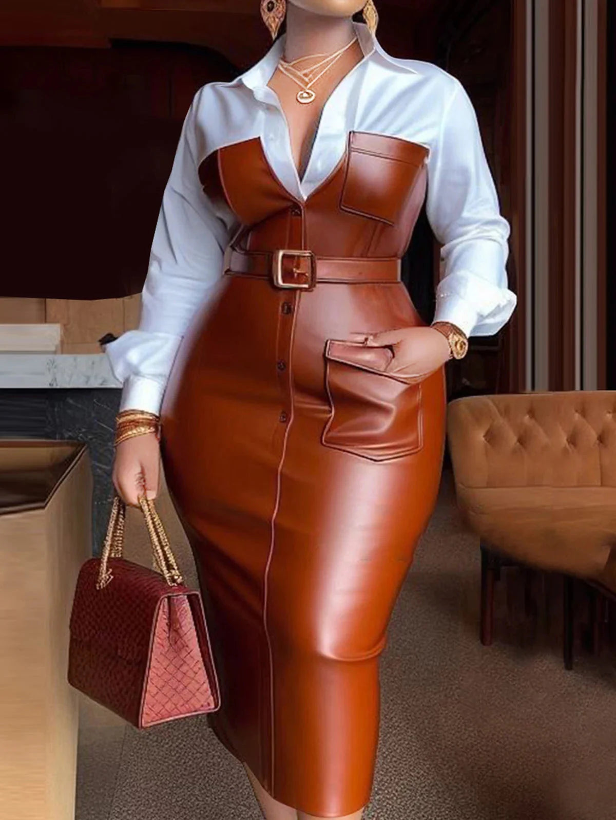 SHOWLU FASHION women's PU leather patchwork midi dress with belt, featuring stylish design and comfortable fit.