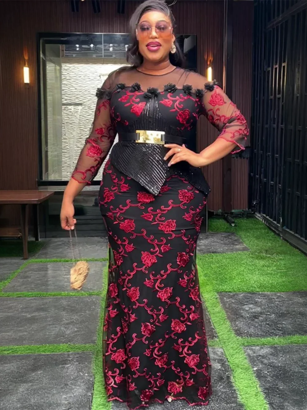 Elegant African sequin embroidery long party dress by My Store, featuring intricate beadwork and a flowing gown design.
