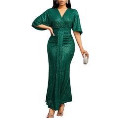 Women Sequin Dress Summer elegant V-Neck Ruffles Short Sleeves Vintage Pencil Pleats Slim Fit Fashion Banquet Cocktail Party