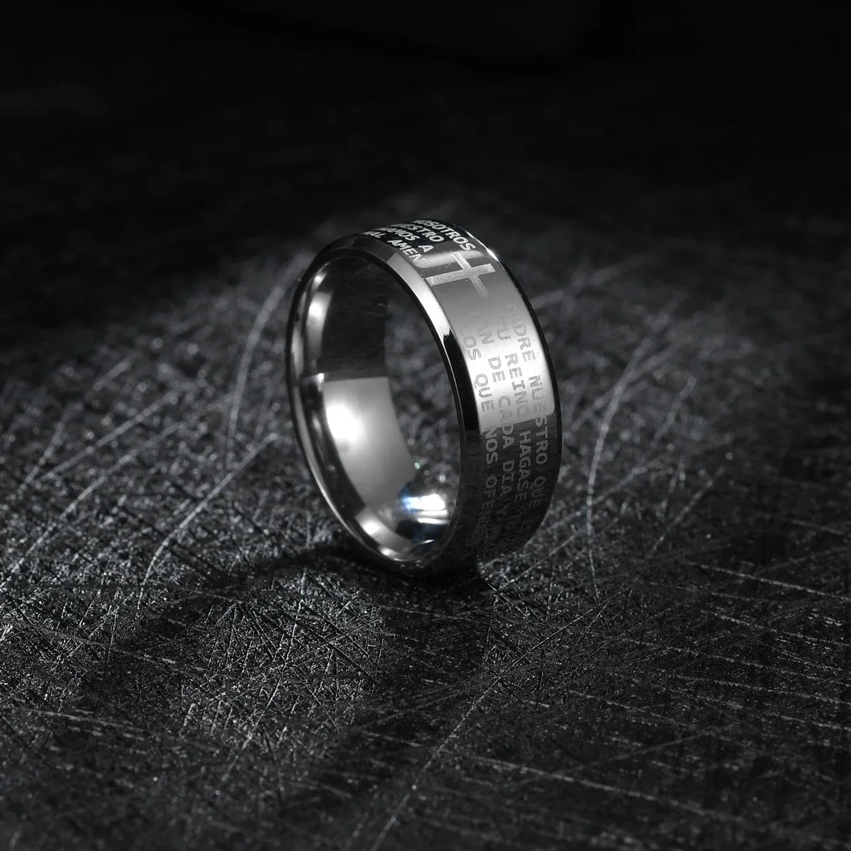 Unisex Mango Sky Titanium Steel Christian Cross Bible Ring with 8mm band, featuring a detailed cross design.