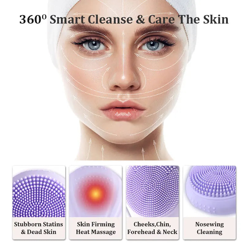Rechargeable silicone facial cleansing brush from Showlu Smart General, showing the compact, ergonomic design and soft silicone bristles.