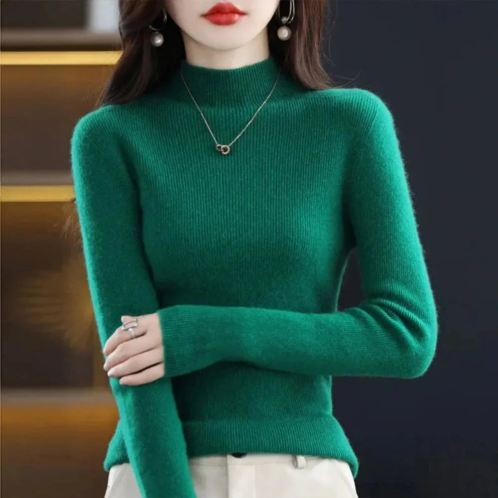 Women's slim fit pleated pullover sweater with half high collar in beige, featuring a stylish, cozy design from SHOWLU FASHION STORE