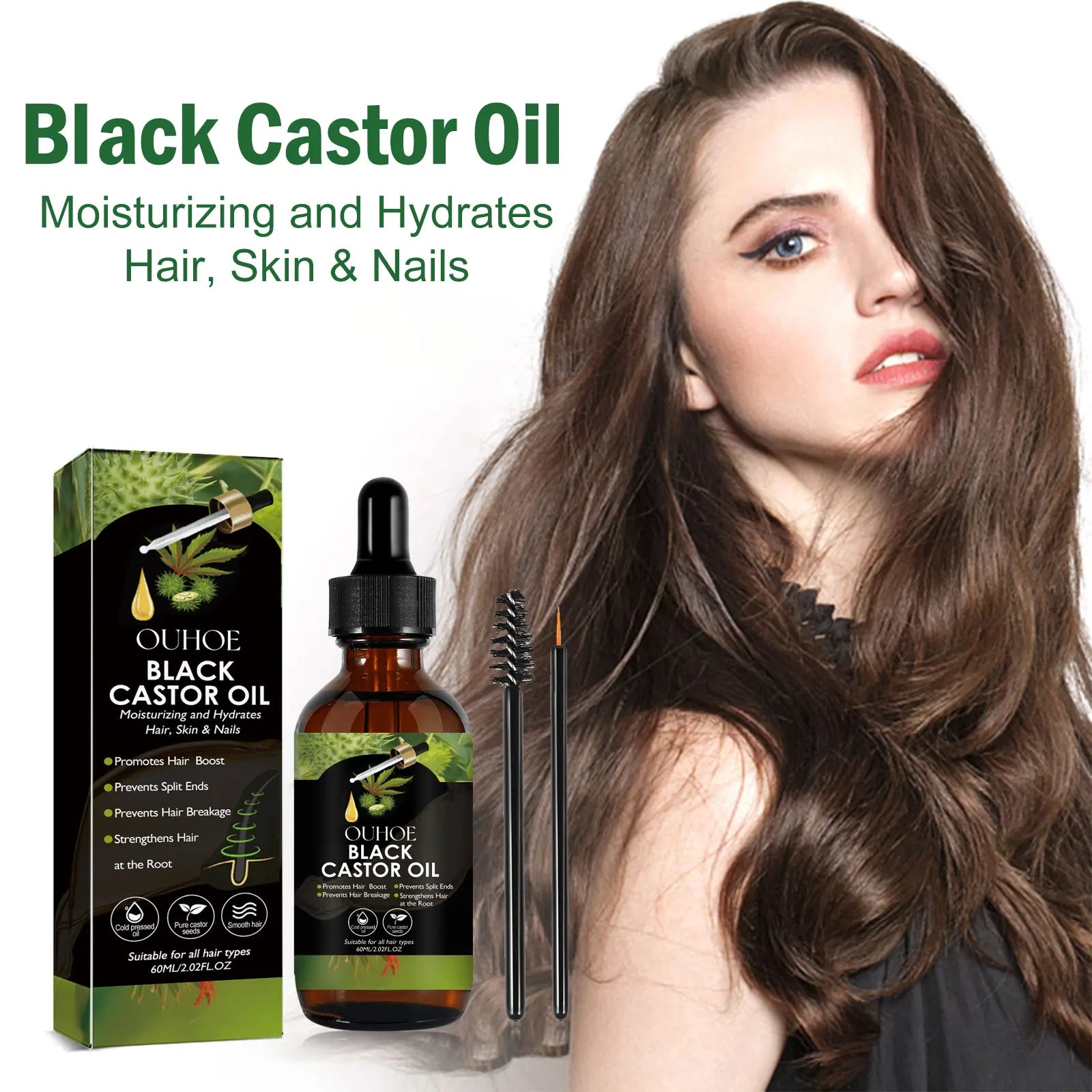 Black castor oil serum in a Showlu Fashion Store bottle, 100% organic hair growth treatment for hair loss, with a black cap and label.
