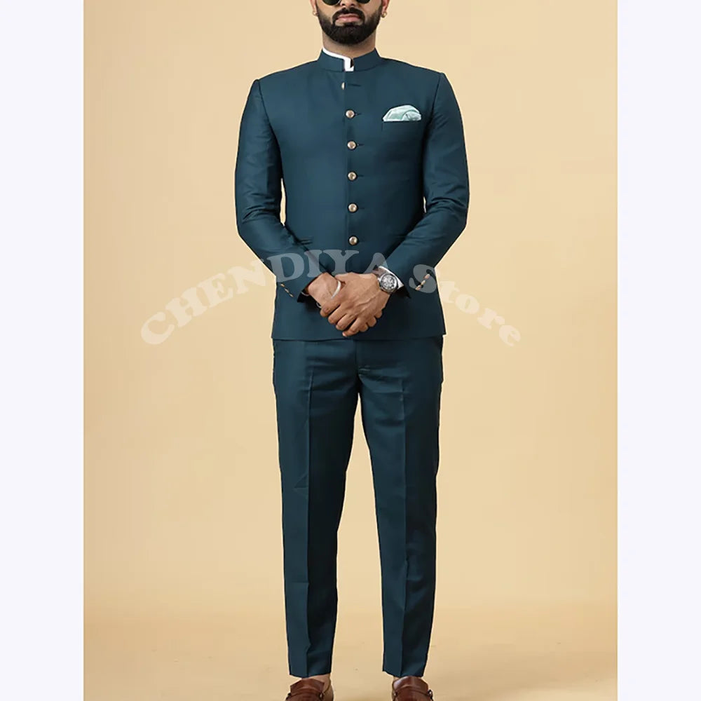 Solid green men's suit jacket and pants set by Showlu Fashion, slim fit stand collar blazer for office and formal occasions.
