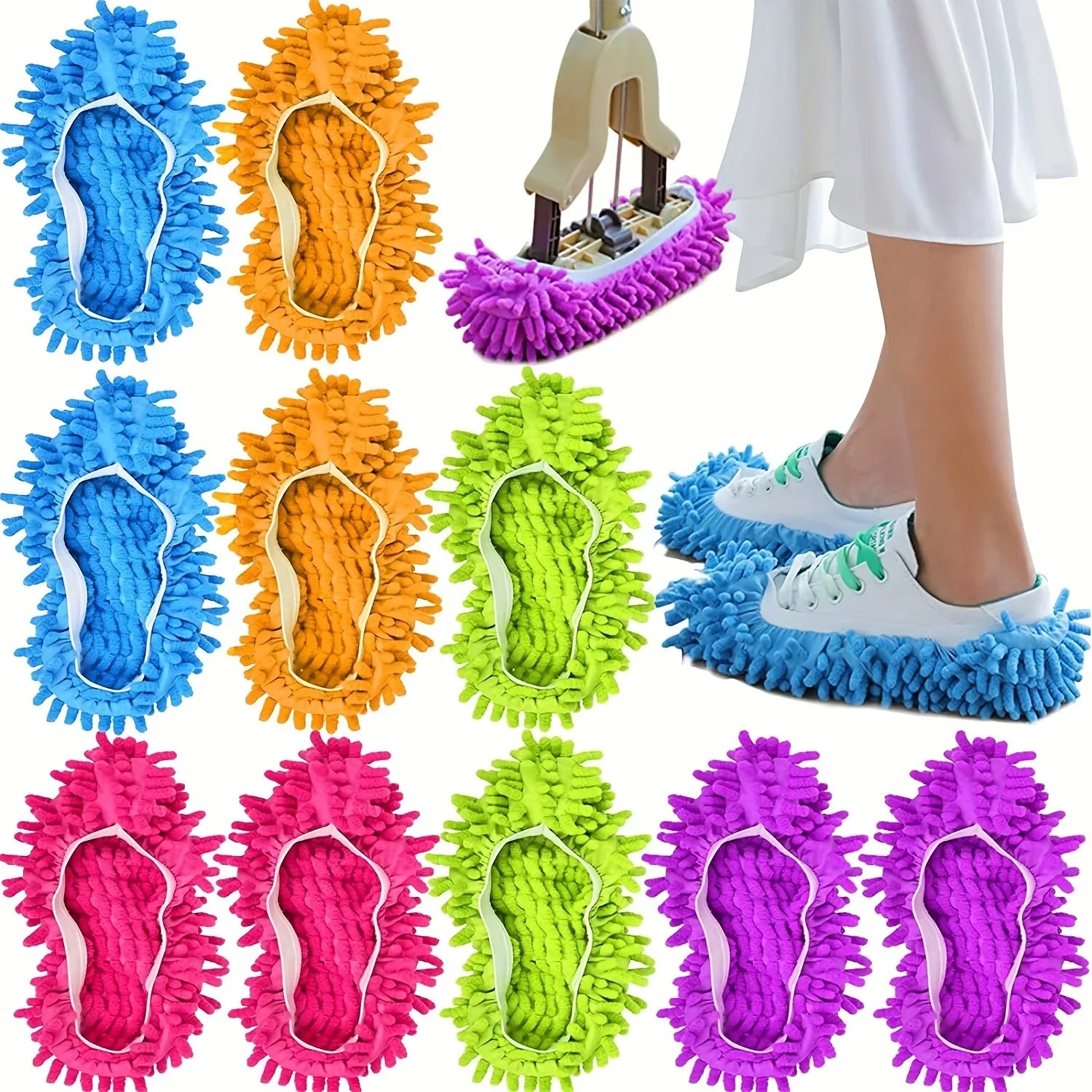 Showlu microfiber mop slippers with washable chenille soles, designed for efficient floor cleaning and dust removal.