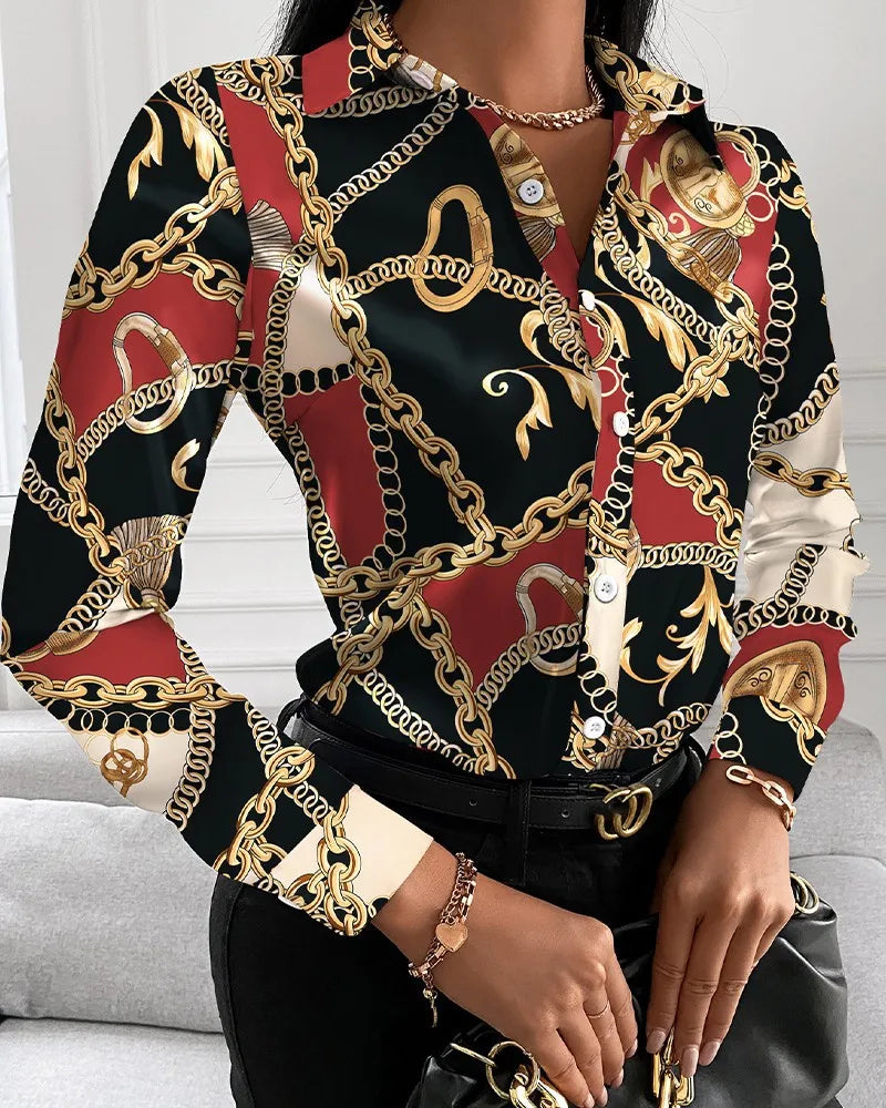 Women’s long sleeve blouse with floral, chain, letter, and geometric square print, turn-down collar, from Showlu Fashion Store.