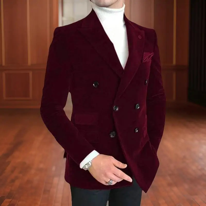 Men's Italian slim fit velvet blazer with peak lapels, double-breasted style, perfect for wedding or formal occasions.