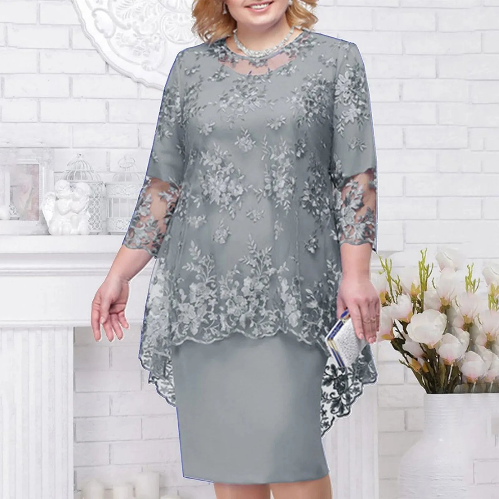 Elegant knee-length women's lace embroidery evening dress with A-line silhouette, featuring intricate lace details and a flattering fit.