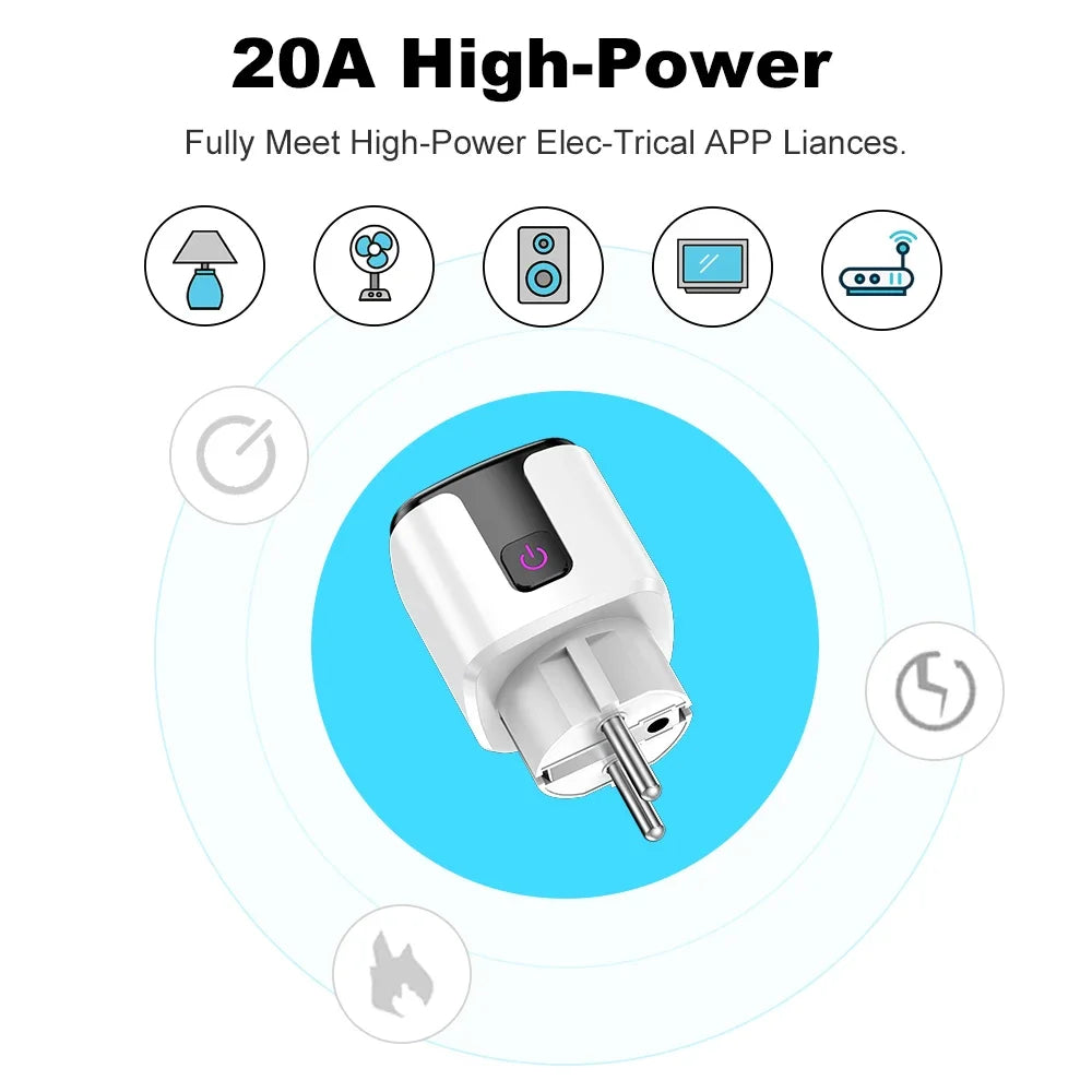 Showlu Smart WiFi smart plug with EU socket, power monitor, and voice control feature, shown plugged into a wall outlet.