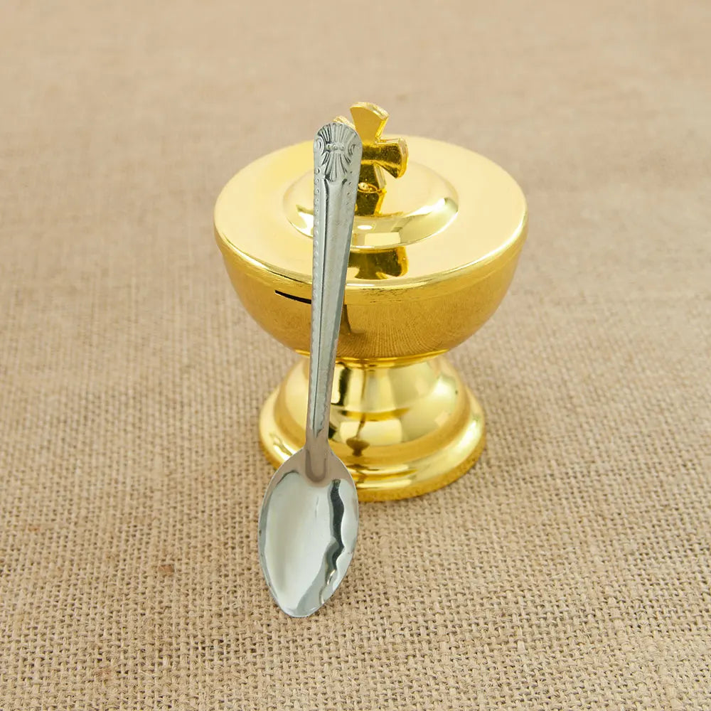 Showlu Golden Zinc Alloy Communion Cup with Spoon for church mass, featuring a polished gold finish and matching serving spoon.