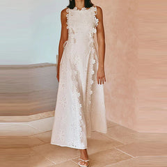 Elegant Lace Embroidery Vacation Long Dress Women Fashion O-neck Hight Waist Solid Party Dress Casual Sleeveless Holiday Dresses
