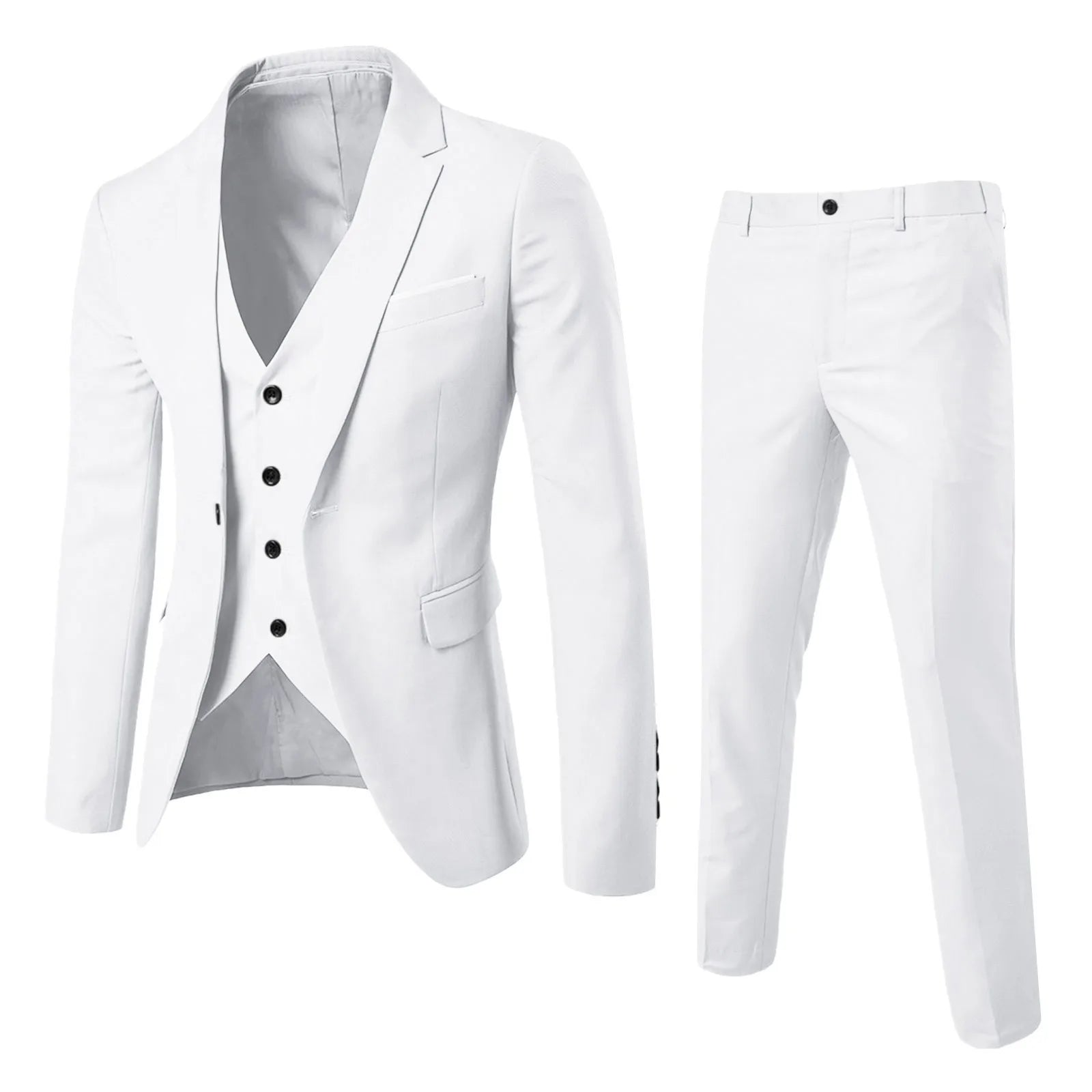 Showlu men's 3-piece slim fit business suit in solid cotton blend, featuring jacket, vest, and trousers, on a hanger.