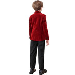 Autumn Boys Red Velvet Suit Set Children Birthday Party Wedding Host Piano Performance Costume Kids Blazer Pants Bowtie Outfit