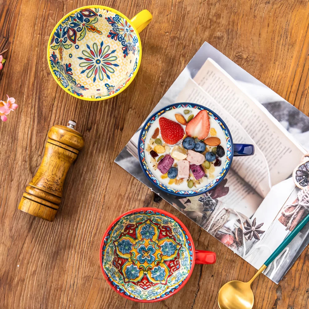 Bohemian ceramic coffee mug with 13.5 oz porcelain tea cup design from Showlu Fashion, featuring colorful patterns on white background.