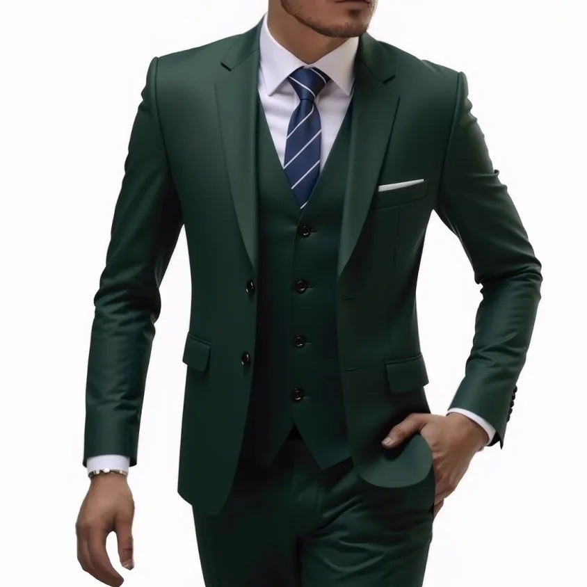 Men's casual 3-piece suit set by Showlu Fashion featuring solid color blazer, trousers, vest, and waistcoat in a basic style.