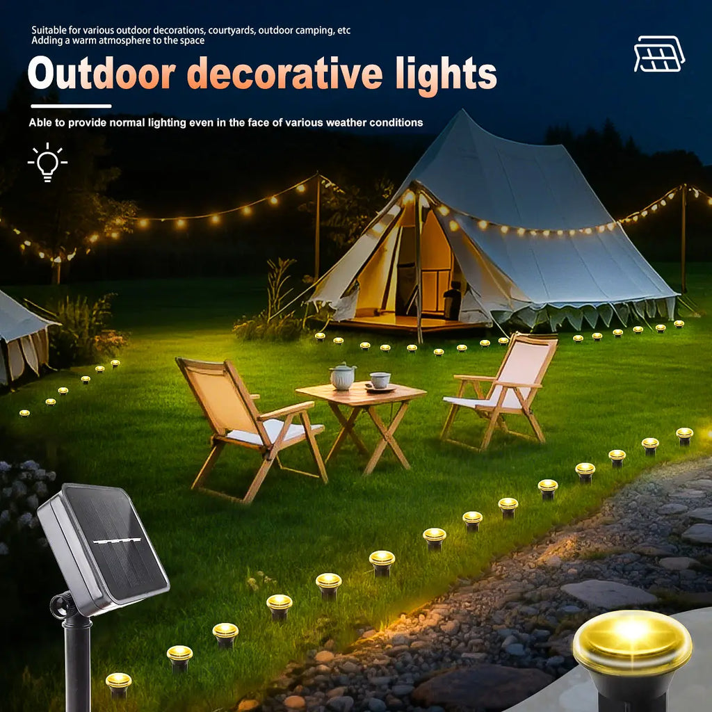 Solar LED garden pathway lights with 8 lighting modes, outdoor landscape lighting by Showlu Fashion Store, illuminated in a garden setting.