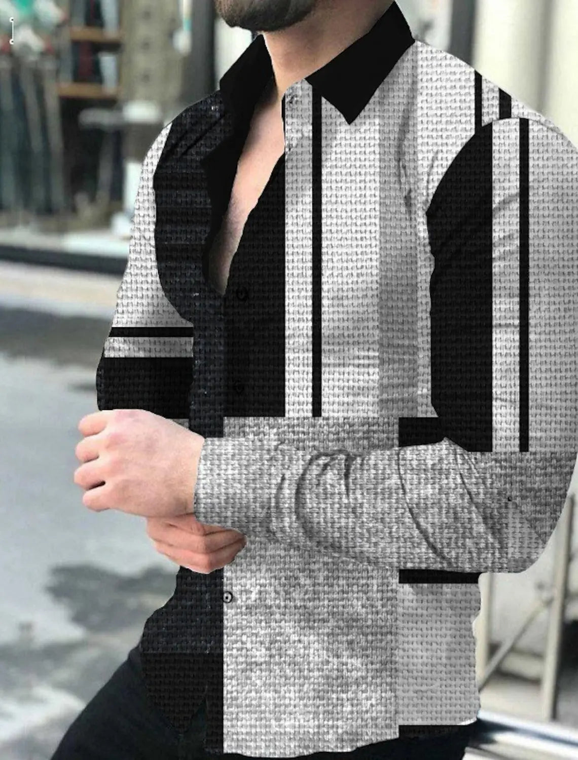 Men's plaid and striped graphic print long sleeve button-down shirt with turndown collar, outdoor street fashion by Showlu Fashion.