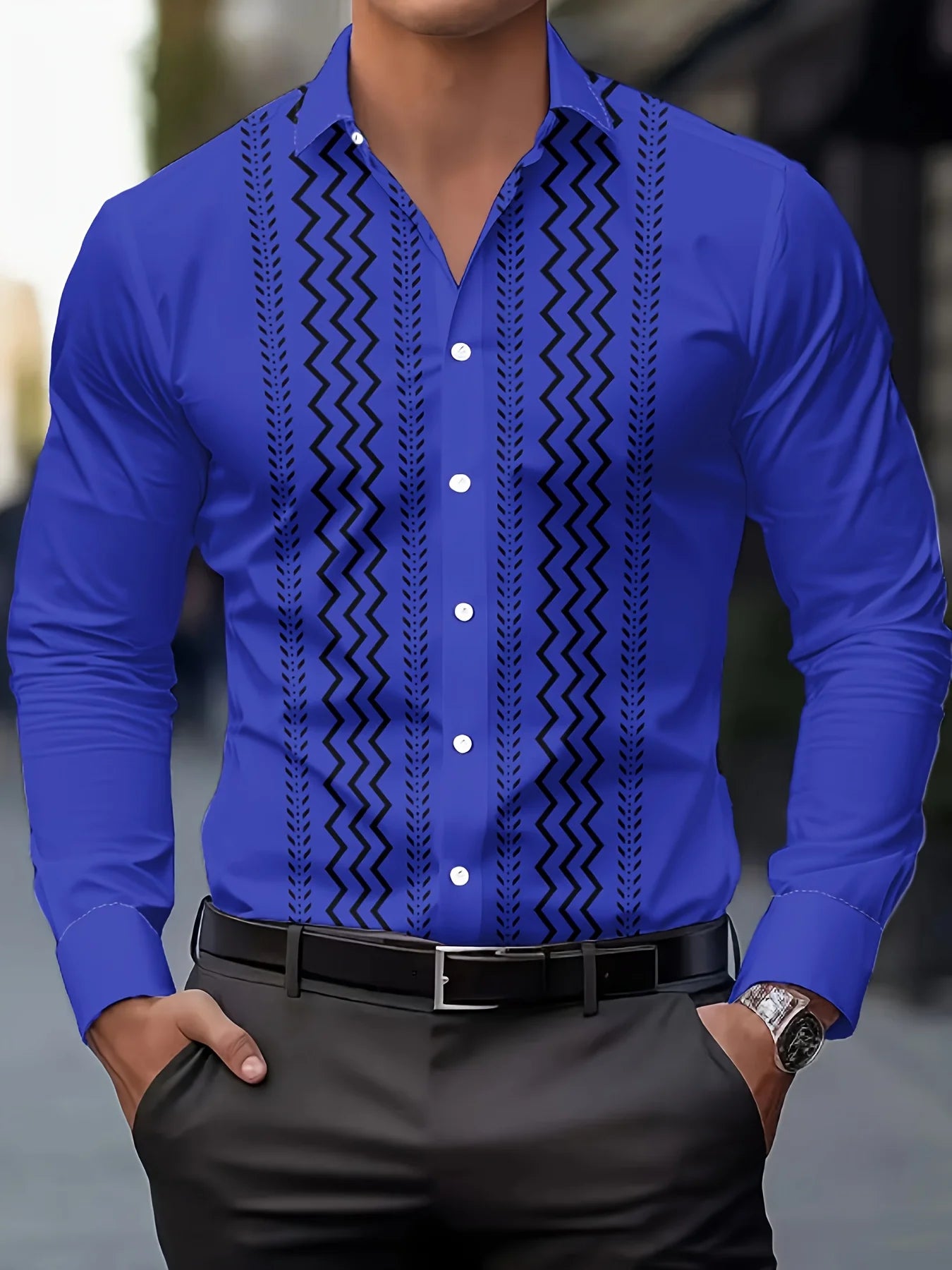 Men's checked long-sleeved casual button-up shirt with high-end striped design, fitted style, from Showlu Fashion Store.