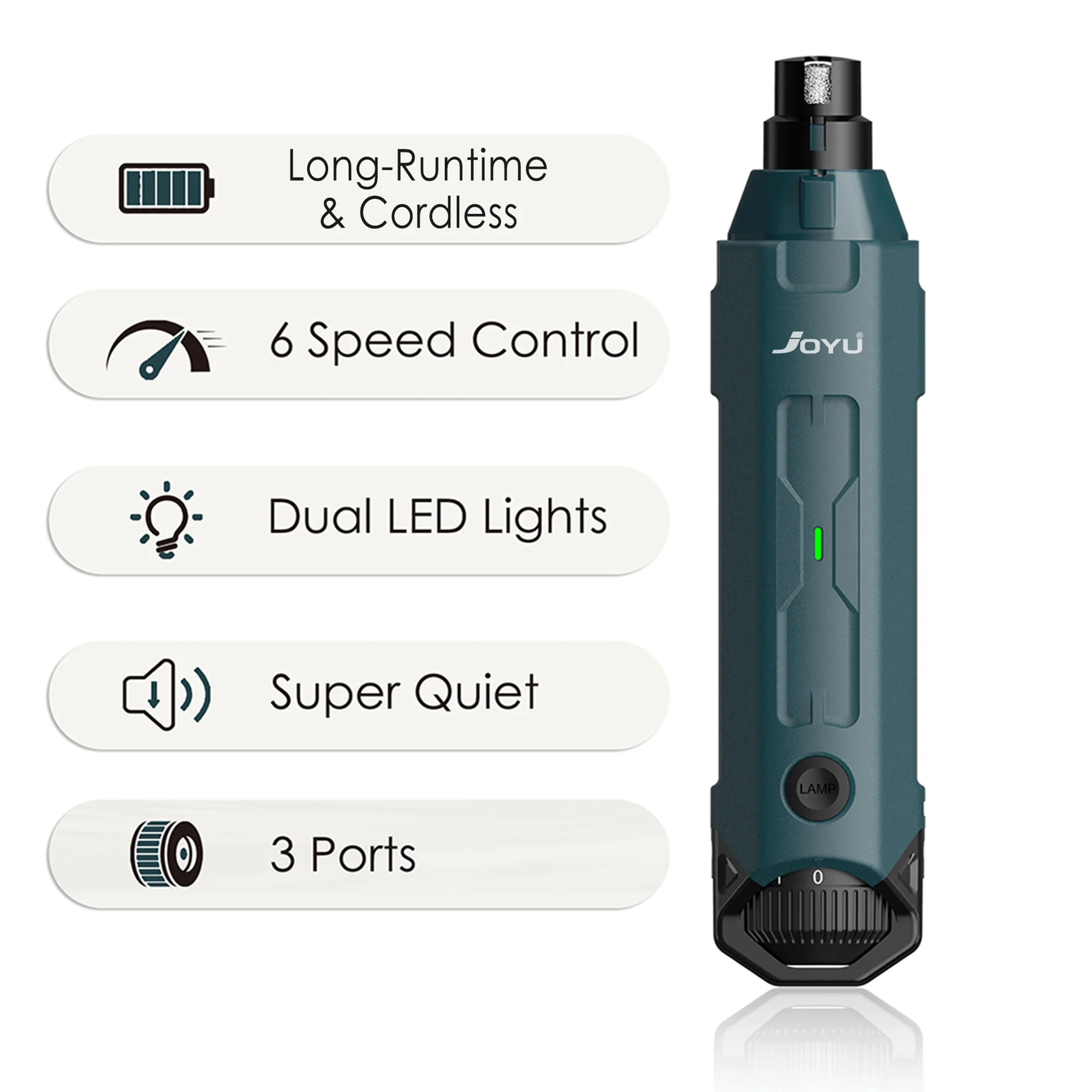 Showlu Fashion Store 6-speed electric dog nail grinder with quiet, rechargeable design for painless pet nail trimming and grooming.