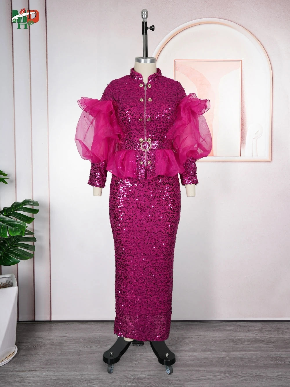 H&D African Sequin 2-Piece Dress Set with puffy mesh sleeve top and matching maxi skirt, featuring vibrant sequin embellishments.