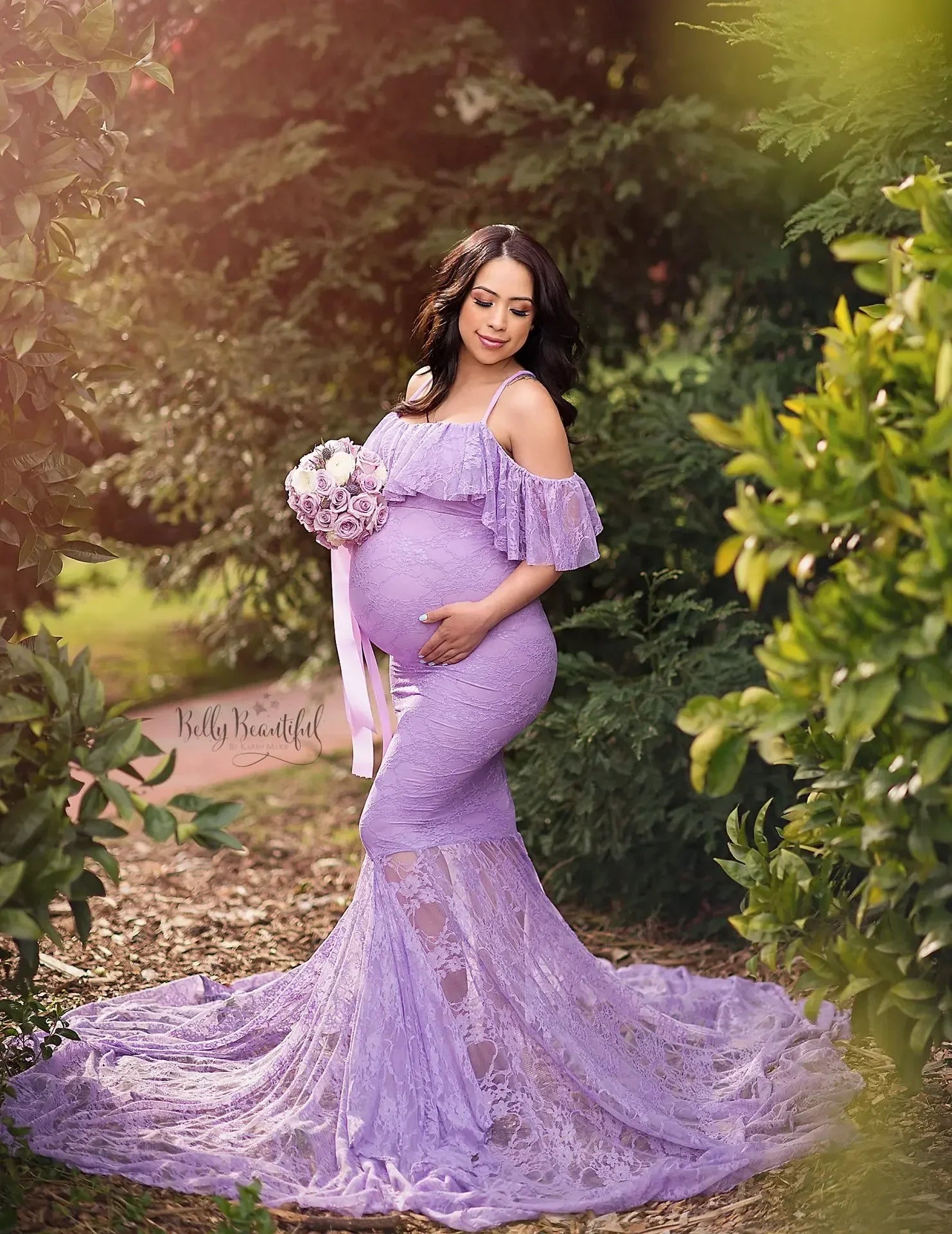 SHOWLU Maternity lace flysleeve chiffon dress, ideal for photo shoots, featuring elegant fabric and flowing design.