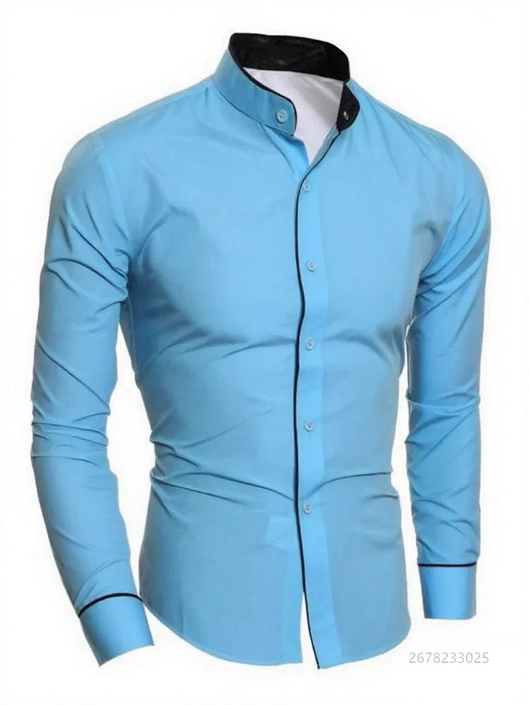 Men's slim fit white long sleeve shirt by Showlu Fashion Store, soft fabric, business casual style, available in XS to 6XL