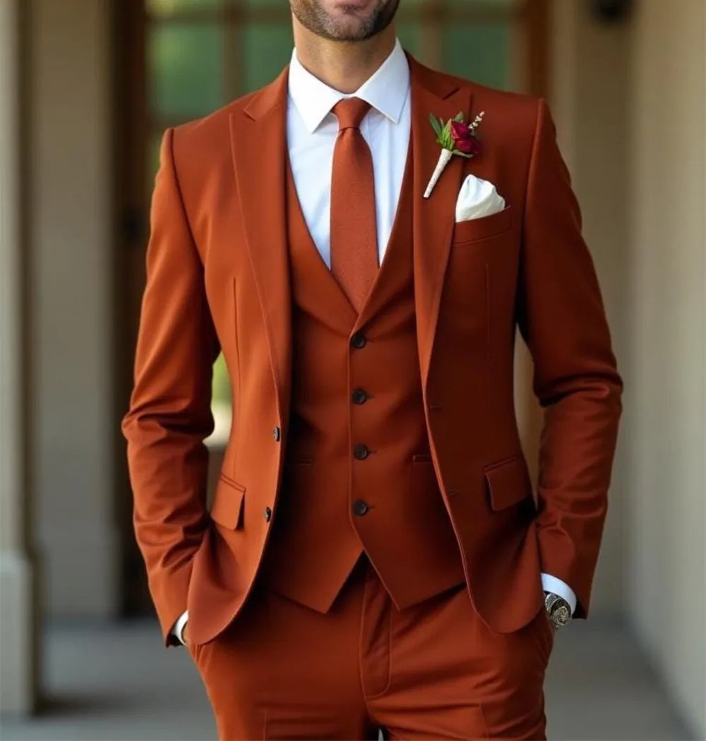 Men's slim fit orange 3-piece wedding suit by SOLOVEDRESS, wool blend tuxedo with tailored jacket, vest, and trousers.