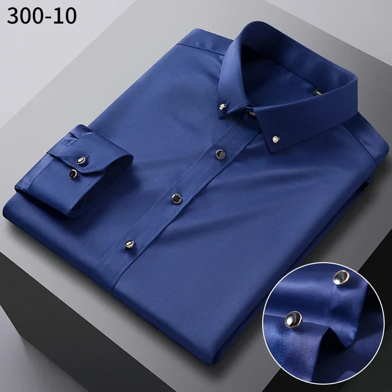 Men's long sleeve silk shirt by Showlu Fashion with diamond buttons, anti-wrinkle, soft, formal business, and stylish design.