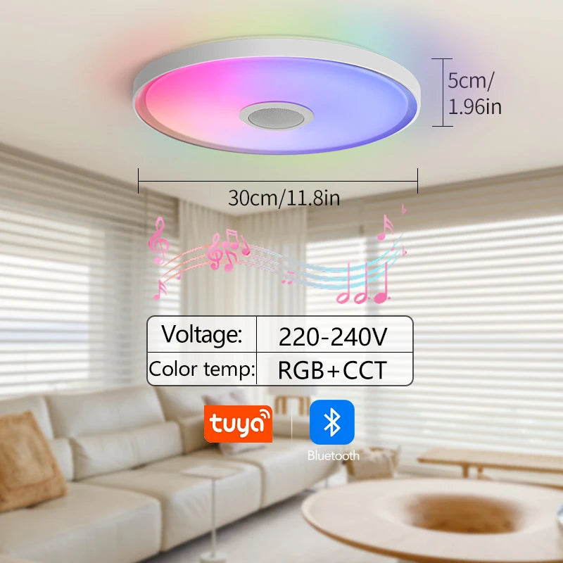 Showlu Smart RGB LED ceiling light with Bluetooth speaker and remote control, showcasing colorful lighting and sleek design