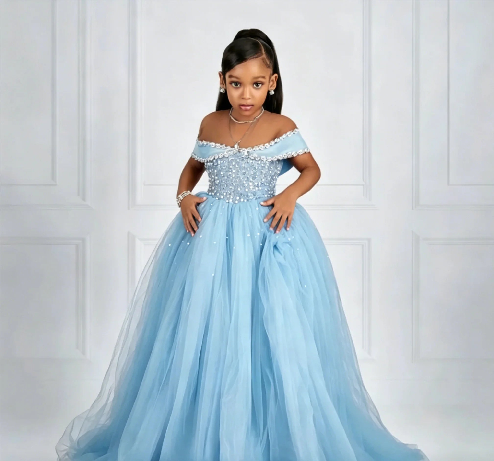 Luxury Customized Off Shoulder Flower Girl Dresses for Wedding Beading Tulle Floor Lenght Girls Birthday First Communion Gown