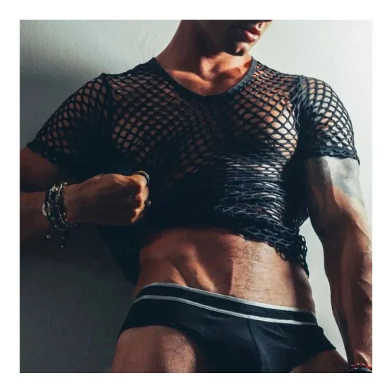 Sexy Fishnet Transparent Men's T-shirt Muscular Men Tight See-through T-shirt Top Summer Beach Men's Wear Crew Neck Pullover Top SHOWLU FASHION STORE