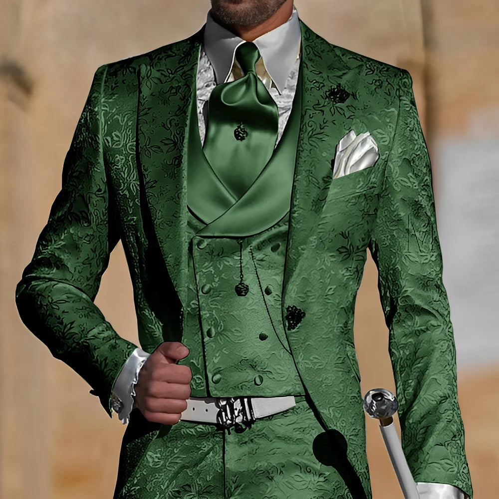 Jacquard men's 3-piece suit by Showlu Fashion, featuring a slim fit tuxedo jacket, pants, and vest for formal occasions.