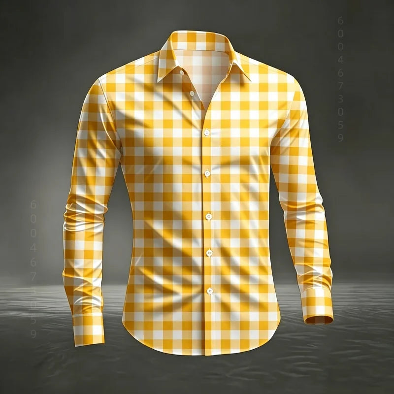2026 Men's New Classic Plaid Shirt with Plaid Printing, Slim Fit Collar Long Sleeve Shirt, Men's Top, Comfortable Fabric XS-6XL
