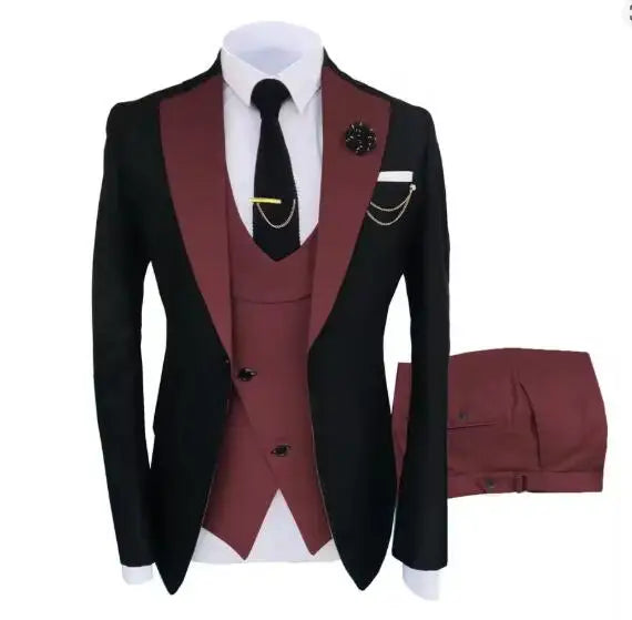 Luxury men's tuxedo suit by Showlu Fashion, featuring a jacket, trousers, and vest for formal parties and groomsmen events.