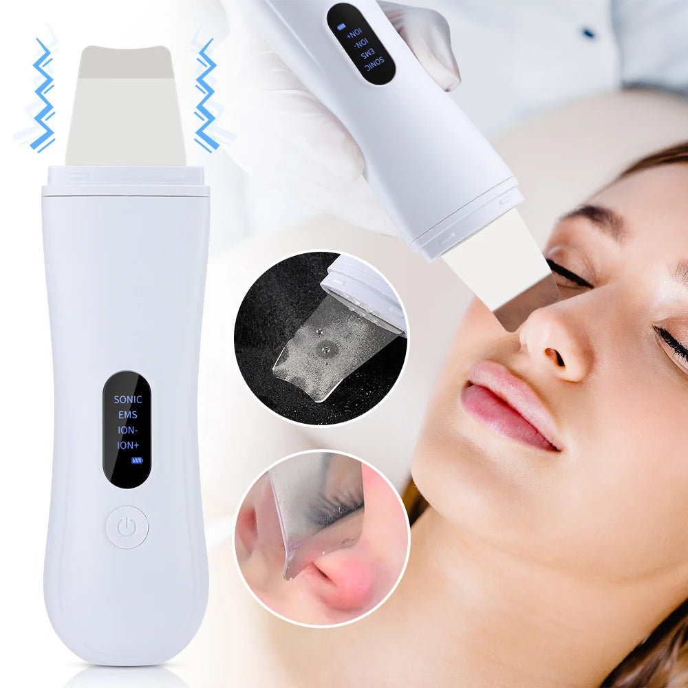 Showlu Smart ultrasonic skin scrubber with EMS pore cleanser and lifting tool, showing a sleek handheld skincare device.