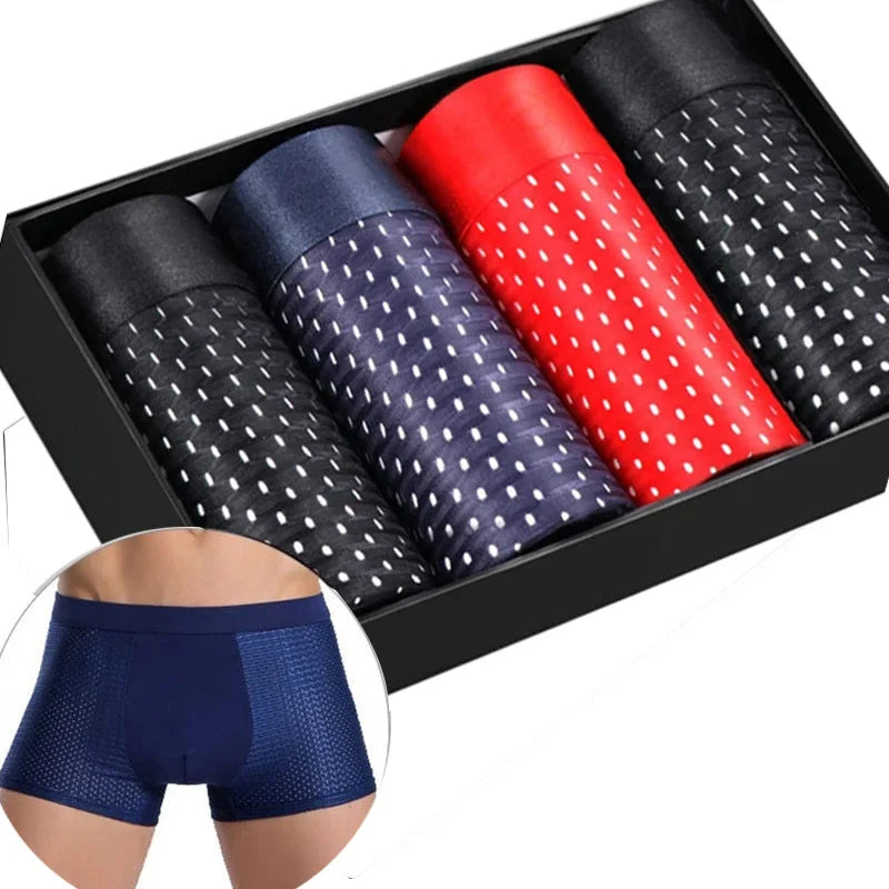 Showlu Men's Ice Silk Boxer Briefs in breathable mesh, 4-pack, lightweight and comfortable underwear for men.