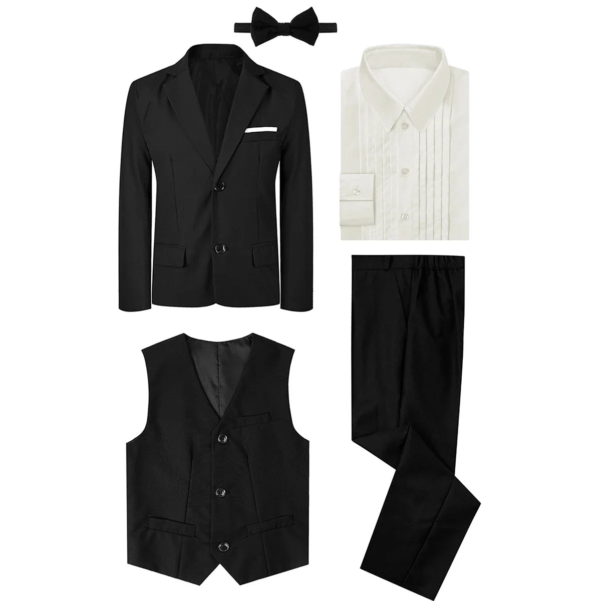 A&J DESIGN boys formal suit set featuring a black tuxedo blazer and matching pants for kids' wedding or special occasions.