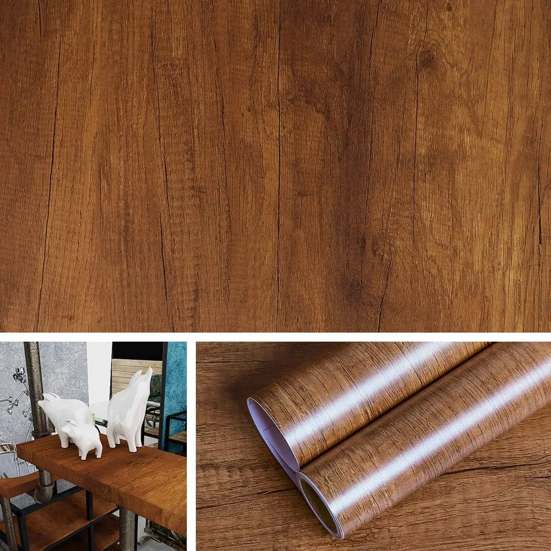 PVC waterproof self-adhesive wallpaper roll with wood grain design, ideal for furniture, walls, and home decor projects.