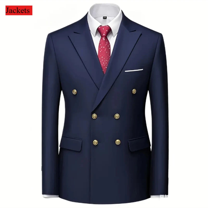 Black men's double-breasted slim fit suit with gold buttons, ideal for weddings, parties, and formal events.