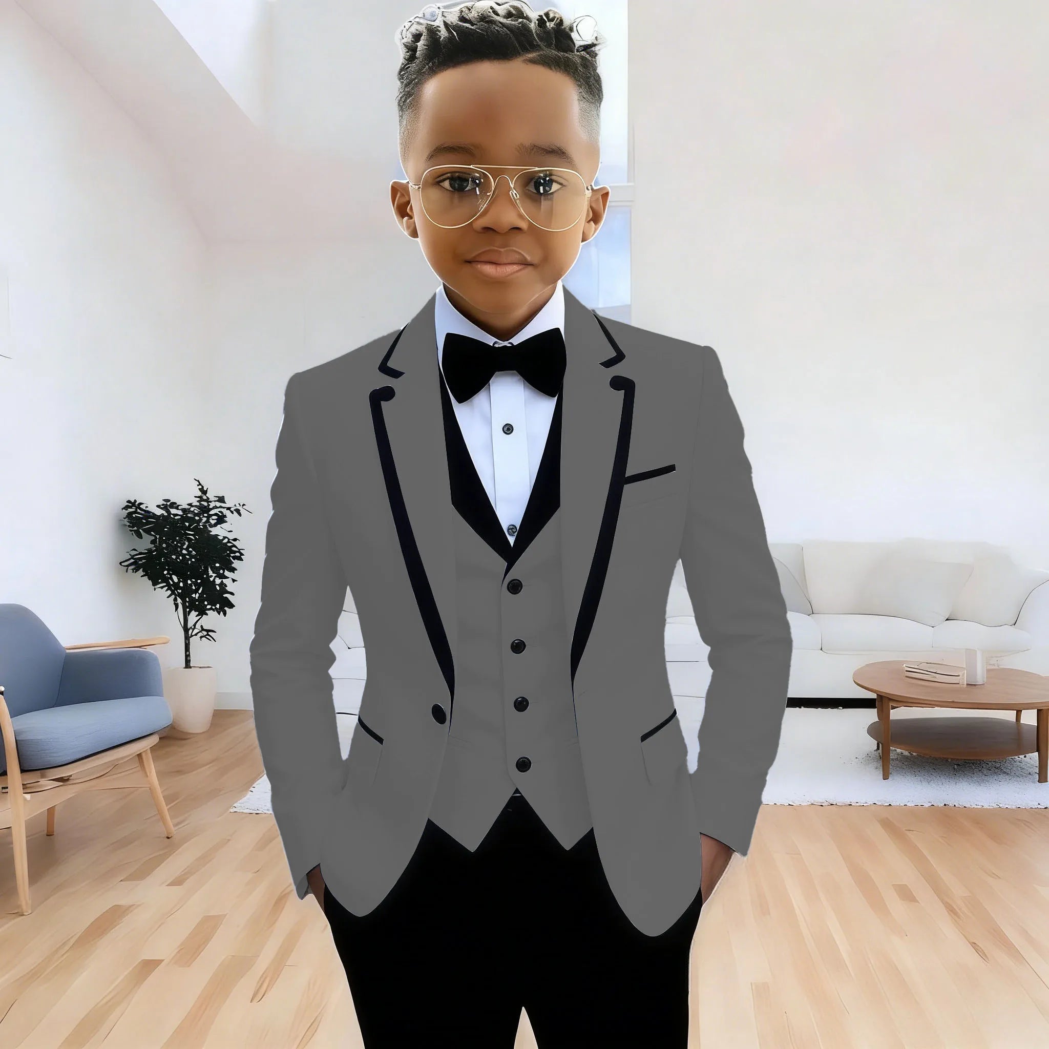 Showlu Smart General boys' formal suit with notched lapel jacket, pants, and vest for wedding or party attire.