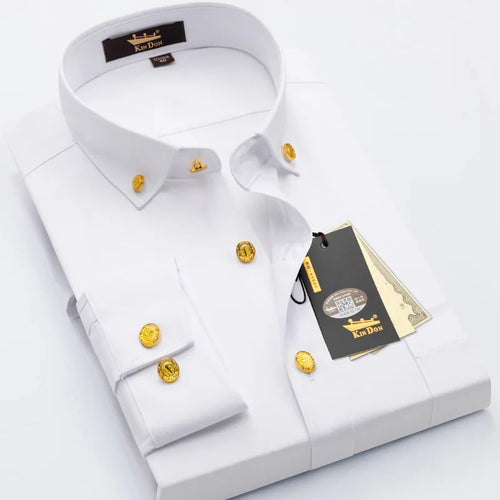 Men's luxury brass button long sleeve business casual shirt by Showlu Fashion, ironing resistant office work shirt.