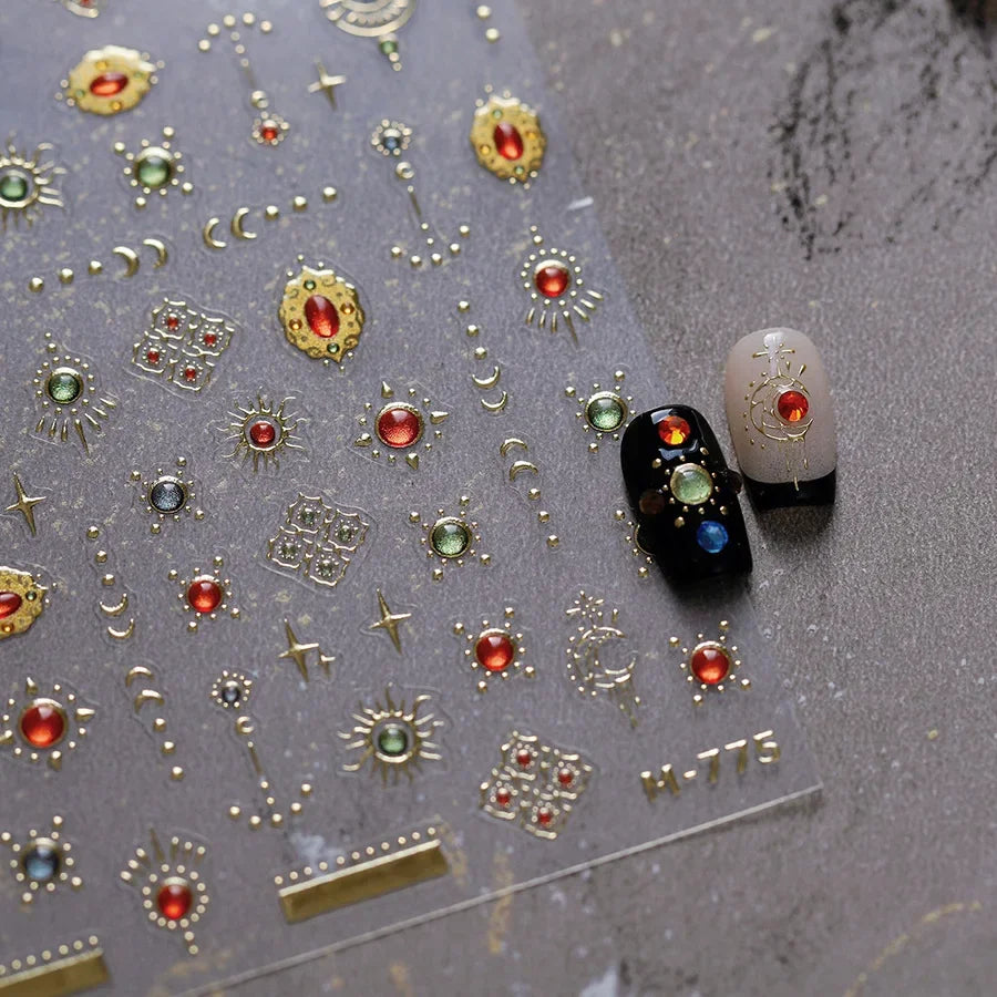 Elegant gold scepter 5D nail art stickers featuring gemstone designs and luxurious courtly patterns for stunning manicures.