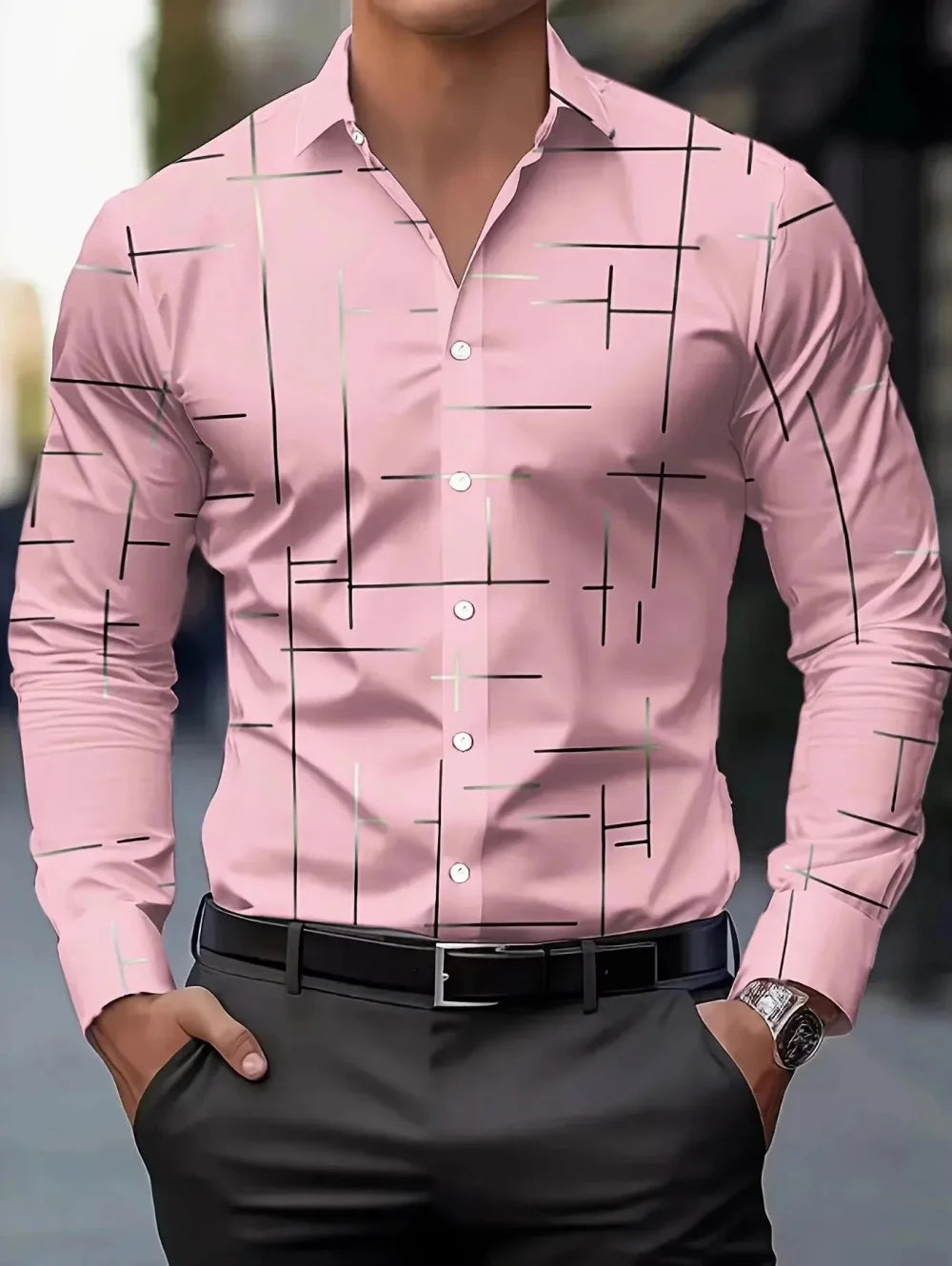 Men's long-sleeved spring shirt by Showlu Fashion, European and American style, minimalist line design, casual business wear