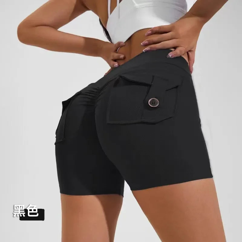 SHOWLU FASHION STORE SANWOOD women's high waist peach yoga shorts with pockets, designed for comfort and butt lifting during workouts.